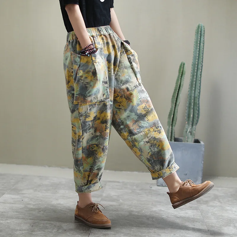 

All Matach Mom Jeans Female 2020 Spring Flower Printing Jeans Casual Loose Ankle Lenght Pants Woman Elastic Waist Trousers