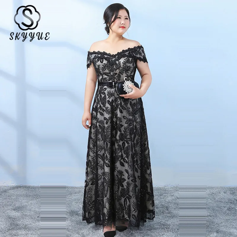 

Skyyue Evening Dress Short Sleeve Plus Size Women Party Dresses Boat Neck Robe De Soiree Off The Shoulder Evening Gown 2019 T112