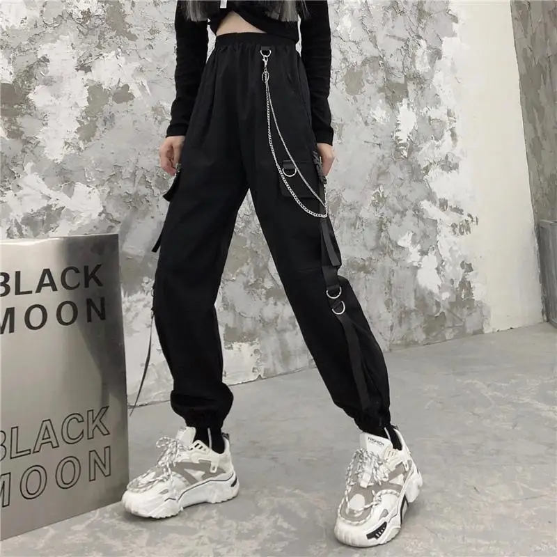 QWEEK Punk pantalones de las mujeres camisetas Hippie cadena bolsillos de talla grande negro Capris pantalones Harajuku de talla grande pantalones Hip Hop