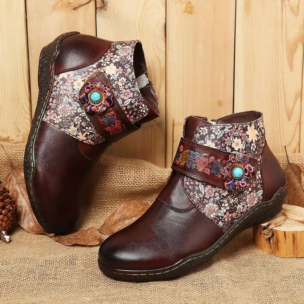 SOCOFY/ботинки из натуральной кожи с маленькими цветками; цветные кожаные ботинки на мягкой плоской подошве; женская обувь; Botines Mujer;