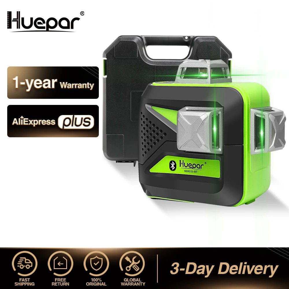 Huepar 3x360 Green Beam 3D Laser Level with Bluetooth Connectivity Cross Lines Three-Plane Self-Leveling Tools &amp Hard Carry Case |