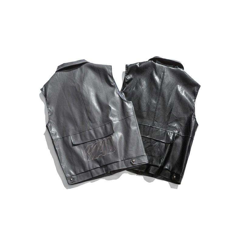 Японский жилет из искусственной кожи Харадзюку на пуговицах для мужчин и женщин, уличная одежда из искусственной черной кожи, жилет без рукавов, мотоциклетная куртка