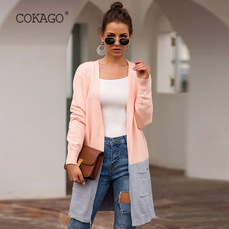 

COKAGO 2019 Long Cardigan Women Autumn Winter Casual Korean Long Sleeve Pockets Pink Patchwork Knitted Cardigans Sweater Woman