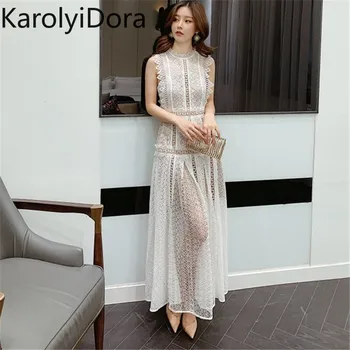 

2020 SUmmer new white hollow out lace long dress self portrait dresses sleeveless big swing summer dress party a-line