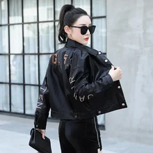 Women's Autumn Short Lapel Collar Regular Leather Coat Loose Multiple Pockets Letter Embroidery Jacket Korean Locomotive Style