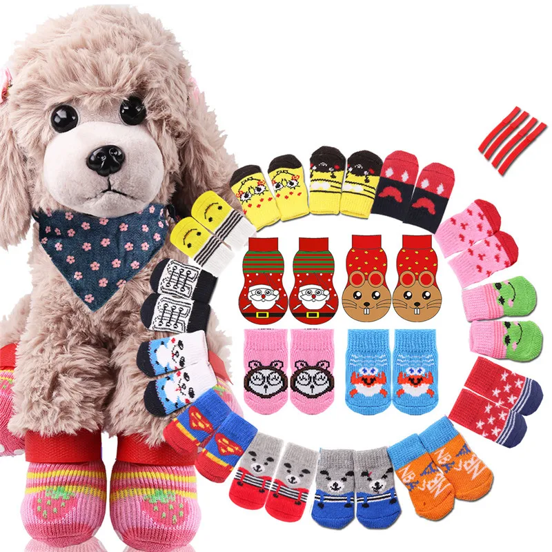 

1set/4pcs Christmas New Year Cartoon Pet Socks Soft Cotton Cute Non-slip Warm Dog Sock for Dog Teddy Cat Pet Supplies