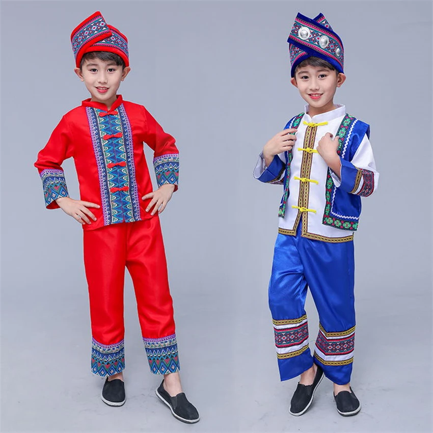 Детский Древний китайский Hmong костюм Мяо народный праздник для сцены Waer мальчики печати народный костюм ханьфу комплект одежды