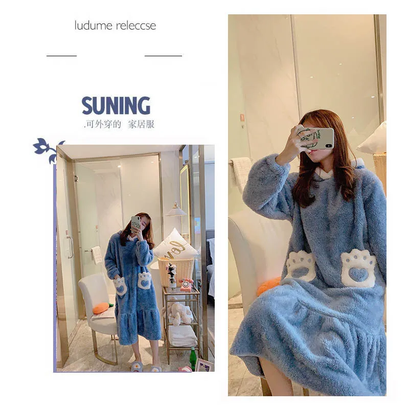 Women Nightgown Cute Animal Cartoon Nightdress Warm Winter Thickening Hooded Home Wear Clothes Velvet Sleep Lounge Night Dress