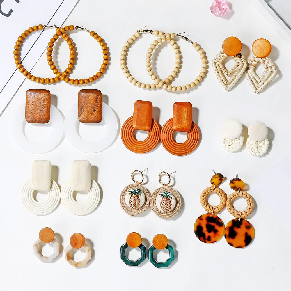 YAOLOGE 2019 New Korea Handmade Wooden Straw Woven Rattan Vine Braid Women Earrings Geometric Large Circle Long Drop Earrings