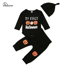 Коллекция года, брендовый комплект из 3 предметов для новорожденных мальчиков и девочек, топы с длинными рукавами на Хэллоуин, длинные штаны комплект одежды с капюшоном и принтом тыквы, костюм