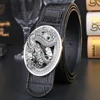 

Authentic Crocodile Skin Pin Dragon Buckle 38mm Wide Men's Fancy Rhinestone Belt Genuine Real Alligator Leather Male Waist Strap