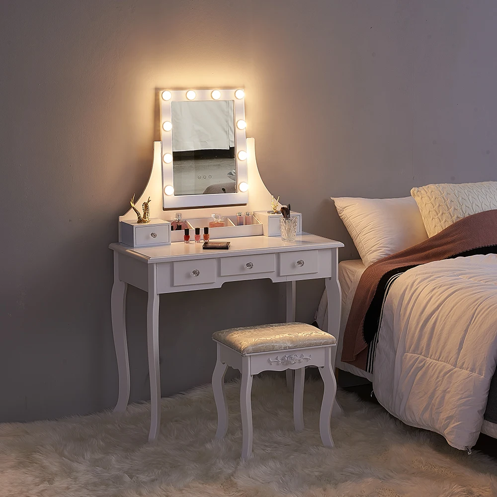 W Modern Makeup Table 5-Drawer Vanity Dresser Set With Stool & Oval Mirror Bedroom Dresser, 150cm x D 40cm 74cm x H Panana Black Dressing Table 