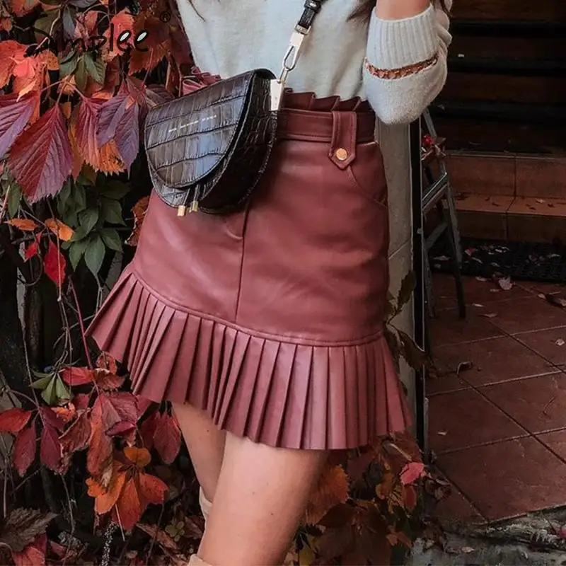 Cena Simplee szarfa pasek PU skóra kobiet spódnica potargane wysokiej talii damska minispódniczka linii odzież klubowa panie seksowna krótka spódniczka