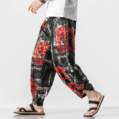 5XL Plus Size Cotton Linen Harem Pants Men Jogger Casual Pants Male Print Retro Trousers Chinese Style Y1855 - Цвет: Gray