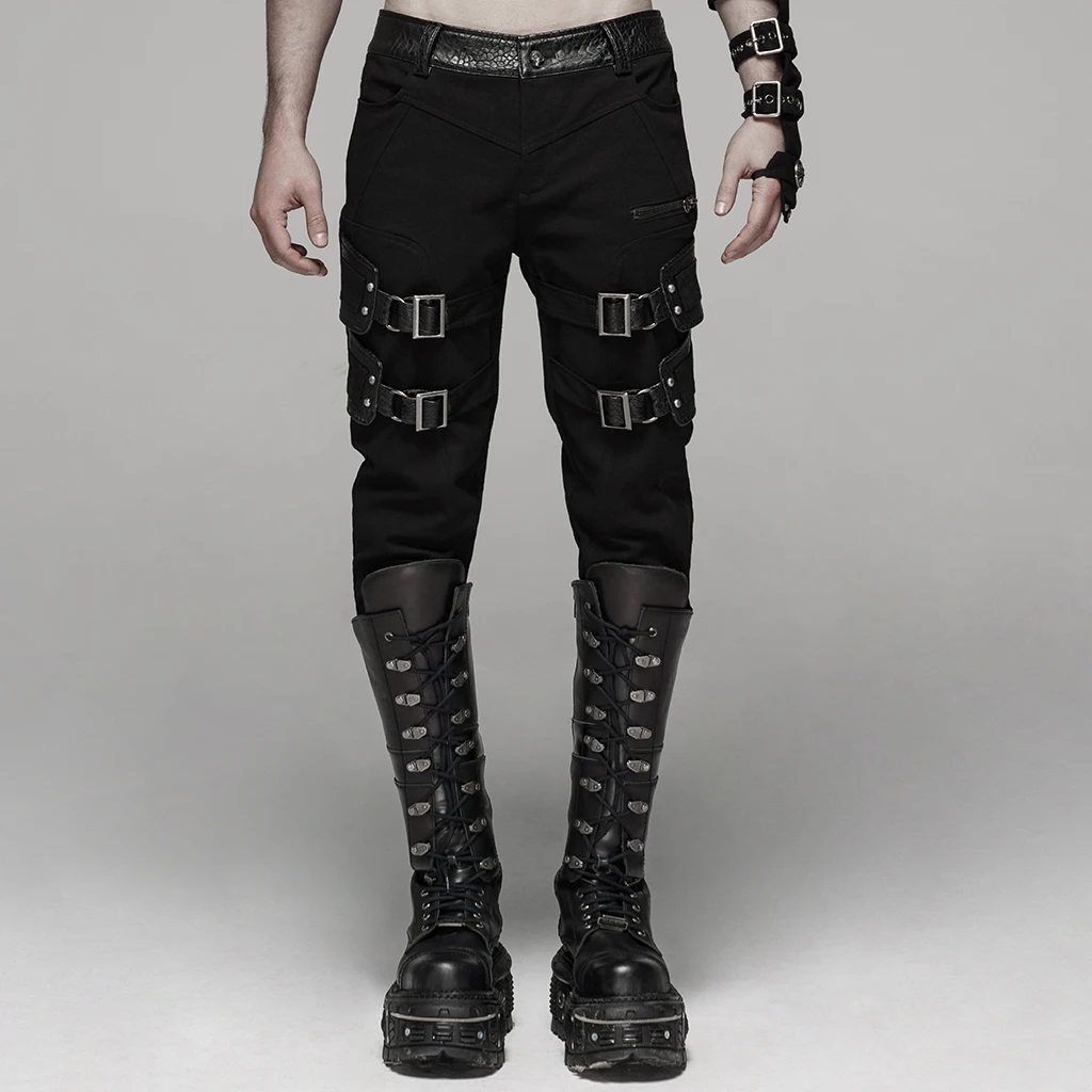 

PUNK RAVE Men's Punk Handsome Stretch Trousers Elastic Twill Personality Pu Leather Pants Gothic Motocycle Streetwear Pants