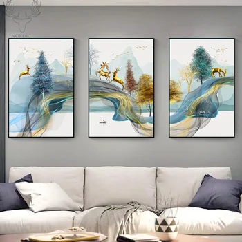 

NORDIC Abstract Golden Deer Canvas Painting Wall Art Landscape Deer Animal Posters and Prints Modern for Living Room Decoration