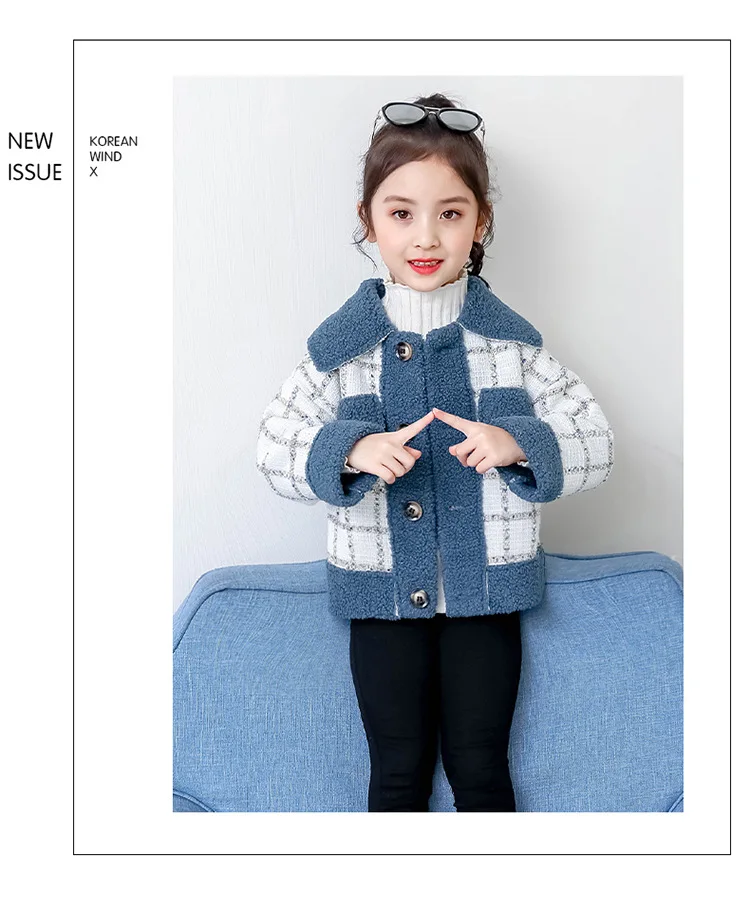 winter England little CC style Artificial lamb fur classic grid warm sweet turn-down collar jacket outwear for teenage girls - Цвет: Blue