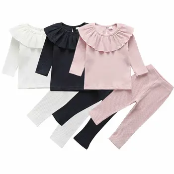 

Toddler Baby Girl Clothes Knitted Ruffle Tops Long Sleeve Pure Color T-Shirt Leggings Pants Outfit 2Pcs Set 2020 Autumn Clothing