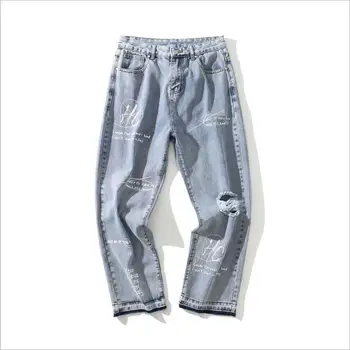 

New autumn popular logo street wash wash old personality print men loose ripped jeans men