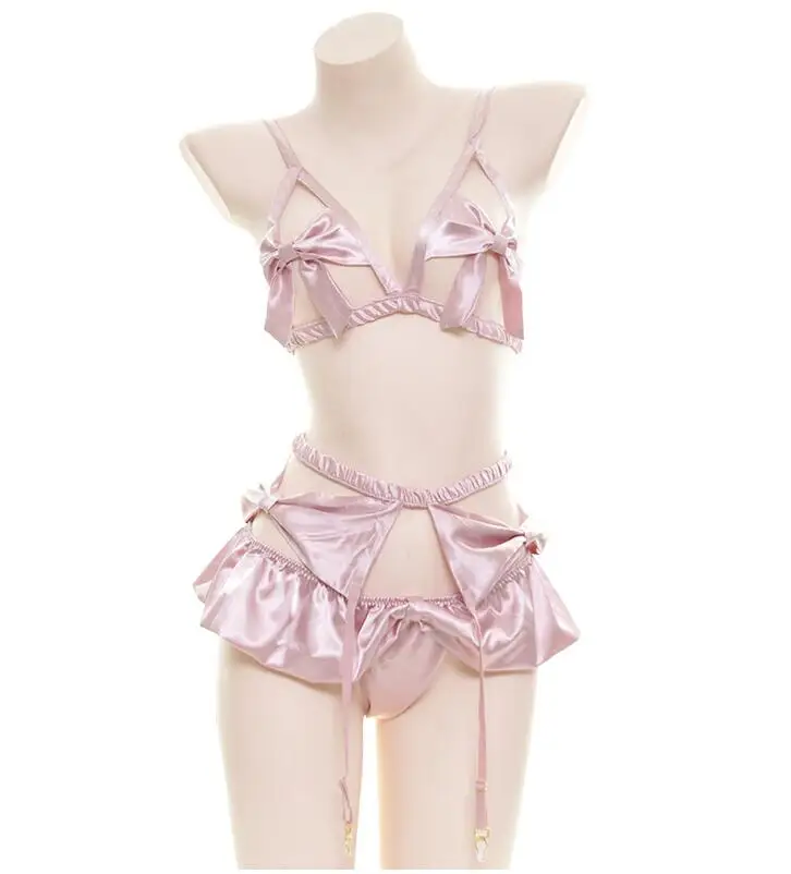 

French Bunny Girls Sexy Lingerie School Girl Pink Hollow Out Thin Bow Bra and Panty Set with Garter Maid Outfit Erotic Cosplay