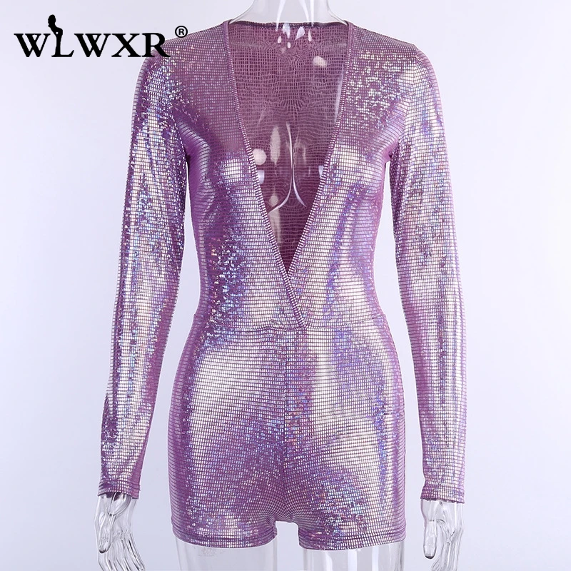 WLWXR Autumn Glitter Long Sleeve Sexy Rompers Womens Jumpsuit Female Playsuit One Piece Ladies Bodycon Short Jumpsuit Women