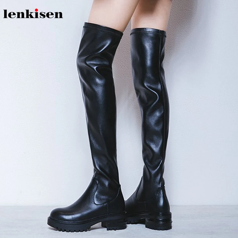 Модные эластичные сапоги Lenkisen из натуральной кожи на толстой подошве с круглым