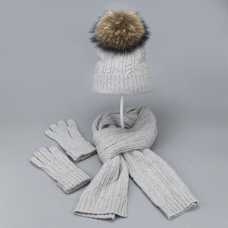 Real Fur Pompom Winter Knitted Hats For Women Hat Scarf Glove Set 3 Piece Sets Twist stripes Cap Gorros Bonnet Beanie Skullies - Цвет: Light Gray