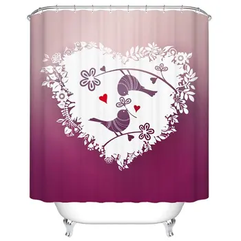 

Two Birds in The Loving Heart Shaped Flower Waterproof Bathroom Fabric Shower Curtain with 7 Hooks