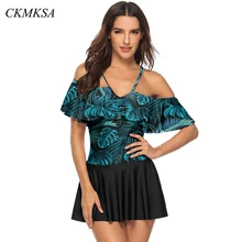 Сексуальный ретро танкини с принтом купальники для женщин плюс размер купальник юбка с открытыми плечами пуш-ап гофрированный купальный костюм платье бикини