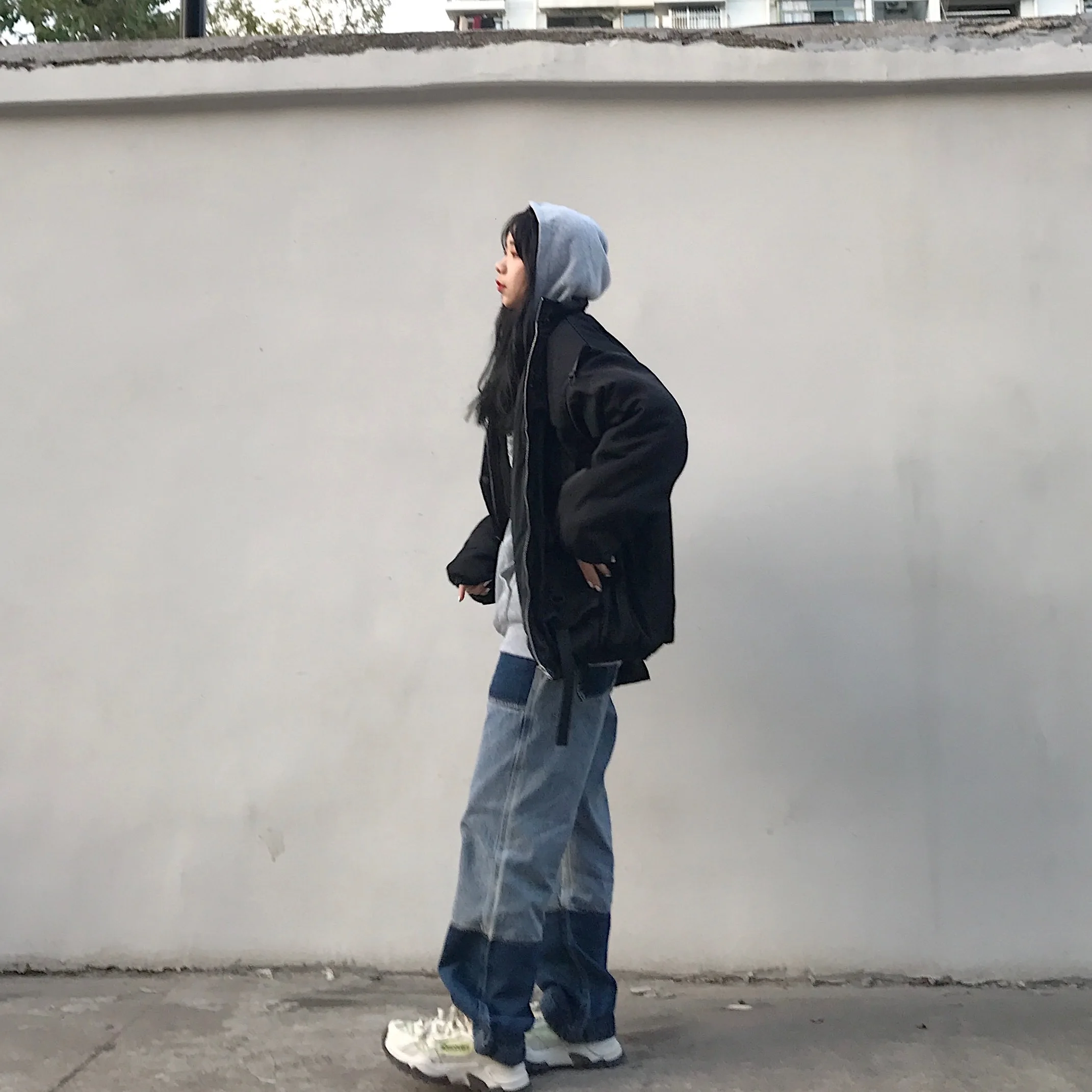 Techwear Харадзюку свободный с длинным рукавом карман негабаритных черный на молнии куртка женская
