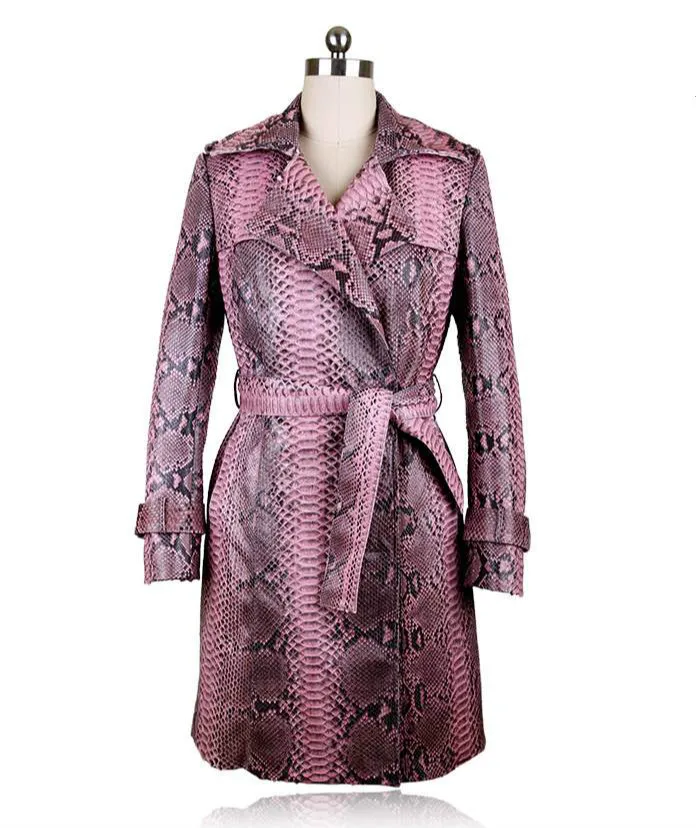 

Arlenesain custom 2019 design pink and red Python leather belt jacket ladies genuine leather trench coat women long coat