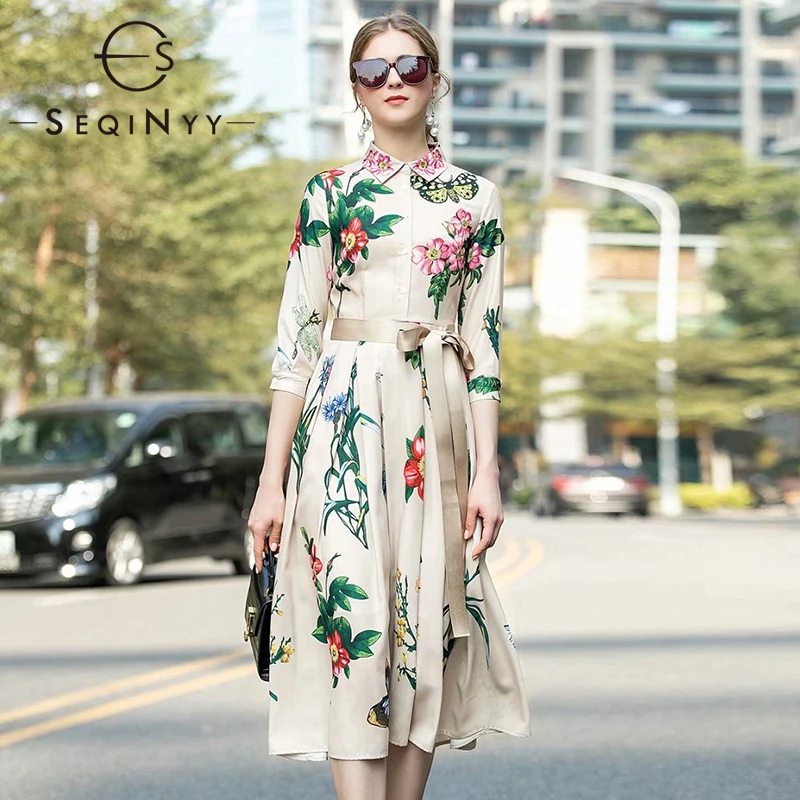 SEQINYY Beige Dress Summer Spring New Fashion Design Half Sleeve Flowers Printed Midi A-line Dress Belt