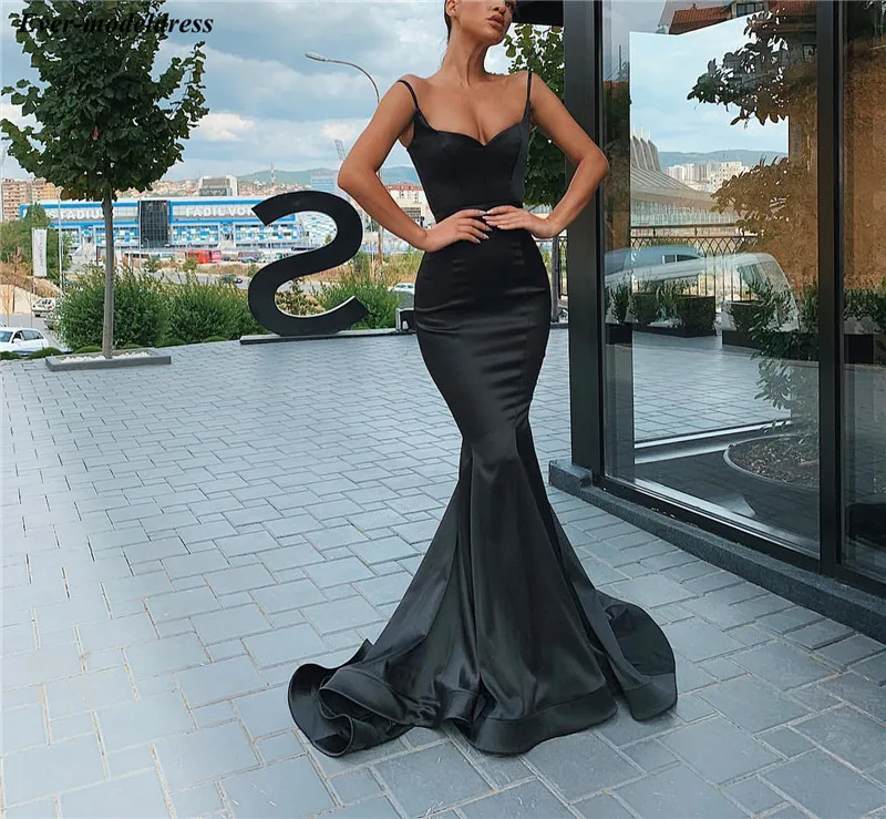 

2019 Black Evening Dresses Mermaid Spaghetti Straps Zipper Back Satin Simple Prom Dress Formal Party Gowns Robe de soiree