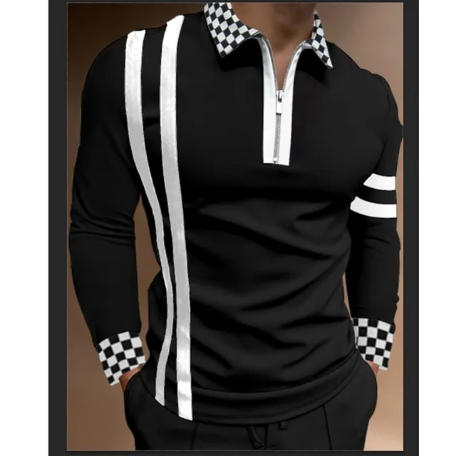 2021 Autumn Streetwear Men Fashion Long Sleeve Polo Shirts Casual Loose Turn-down Collar Zipper Tops Men Slim Polo Shirts CXPLS-2Black