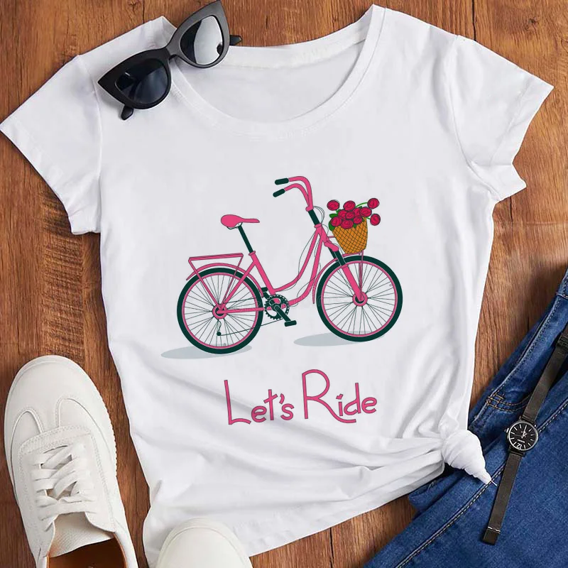 Pink T Shirt Women Beautiful Scenery Bicycle Vogue Casual Tshirt Harajuku Korean Style Graphic Tops Kawaii Short Sleeve T-shirt