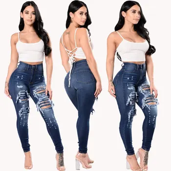 

Spring 2020 ladies hip slimming women hot four color wide waist and small leg denim pants Pure color bandage sexy On the streets