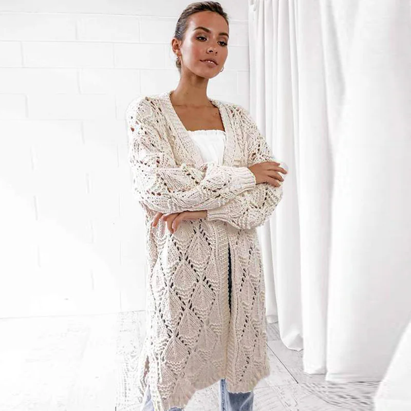 

Women Knitted Cardigan Sweater Open Front Hollow Out Long Sleeve Solid Loose Casual Autumn Long Outerwear Coat Knitwear female