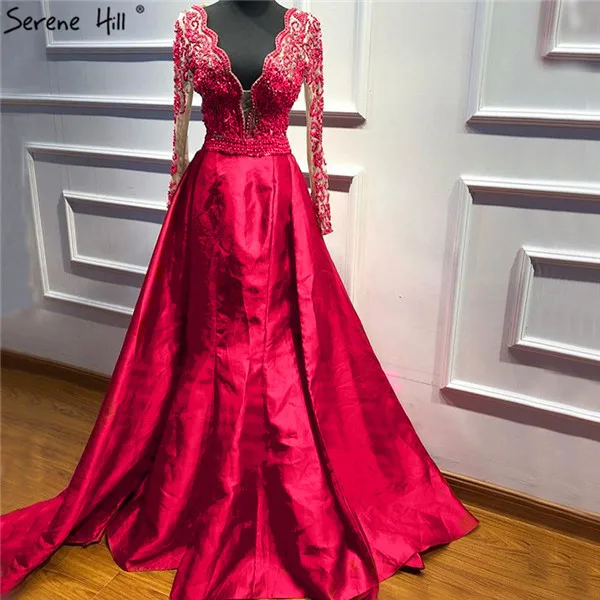 rose red Розово-красные Сатиновые платья для выпускного жемчужины с длинным рукавом, Украшенные бусинами, глубокий v-образный вырез, сексуальные модные платья для выпускного вечера, Serene hilm DLA6312 - Цвет: rose red