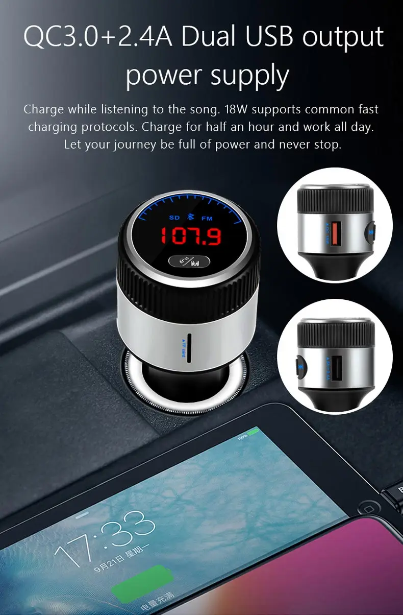 Bluetooth FM Transmitter QC3.0 18W Daul USB Fast Charger Car MP3 Player Car Bluetooth Handsfree Kit Adapter with LED Volume