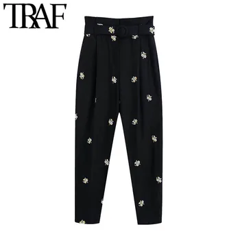 

TRAF Women Chic Fashion Floral Embroidery With Pants Vintage High Waist Zipper Fly Female Trousers Pantalones Mujer