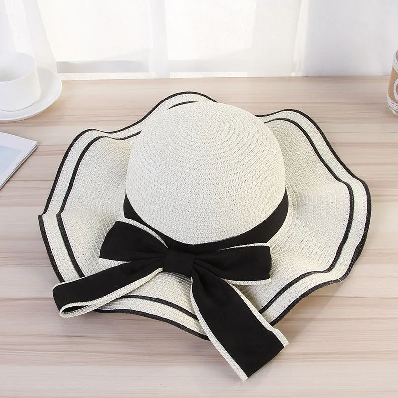 

simple Bow knot Foldable Wide Brim Floppy Girls Straw Hat Sun Hat Beach Women Summer Hat UV Protect Travel Cap Lady Cap Female