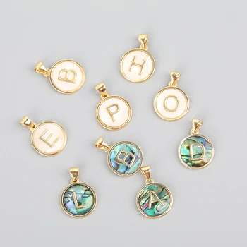 

10Pcs/Lot Gold Color 26 Capital Letter Round Pendant Necklace,Natural White Abalone Shell Letter Charms For DIY Jewelry Making