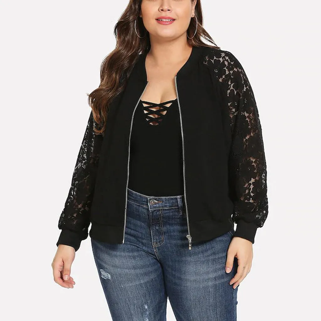 

Women's Bomber Jacket Autumn Winter Plus Size Solid Color Long Sleeve Lace Stitching Zipper Pocket Coat Outwear Elegant Jacket