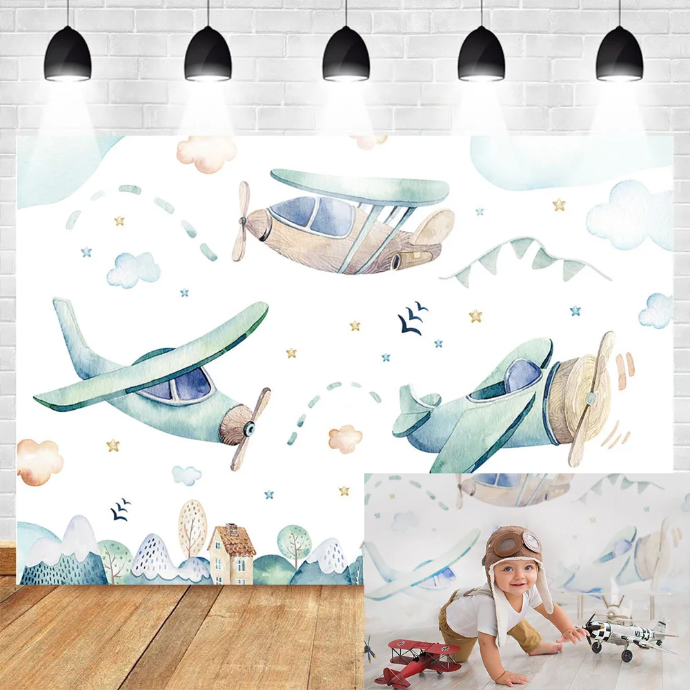 

Neoback Cartoon Backdrop for Photography Celebration Birthday Photo Background Plane Banner for Boys Cloud and Sky Vinyl Cloth