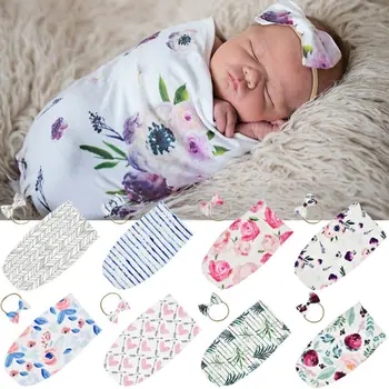

0-6M Newborn Baby Cotton Sleeping Bags Toddler Boys Girls Infant Swaddle Wrap Printed Swaddling Blanket+Headbands 2pcs Set