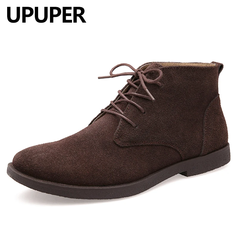 Baratos Otoño Invierno botas para hombre Chelsea moda clásica Botines de cuero genuino para hombre tamaño grande 37 47 zapatos de invierno de gamuza de vaca para hombre