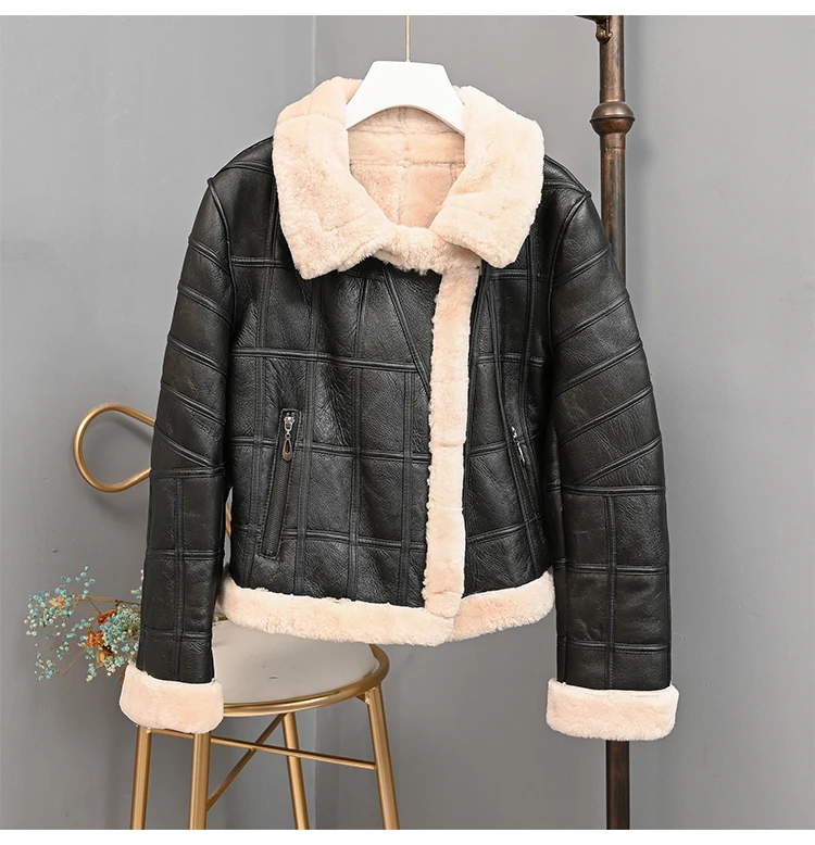 Abrigo mujer natural real sheep fur coat women clothes moto& Biker genuine leather jacket Double-faced Fur sheepskin coat - Color: 2