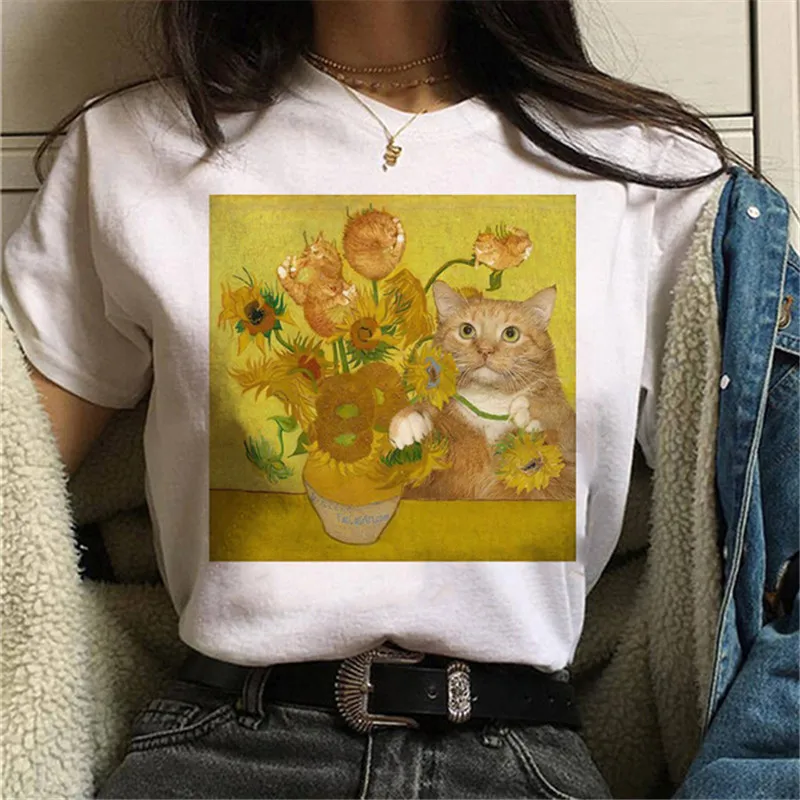 

Maycaur Cat Funny Women T Shirt Korean Kawaii Ulzzang Michelangelo Tshirt Fashion Female Graphic Print Short Sleeve T-shirts Tee
