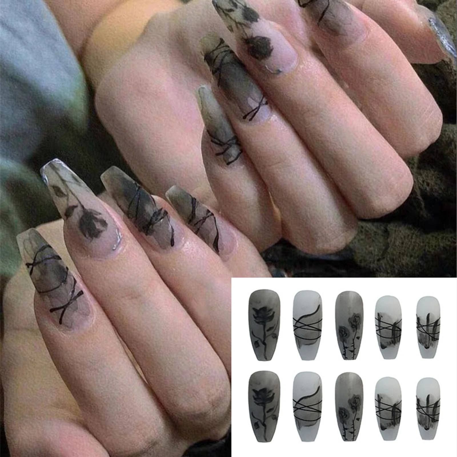 24pcs Detachable Retro Gothic Black Rose False Nails With New Design Ballerina Fake Nails Long Coffin Full Cover Nail Tips False Nails Aliexpress