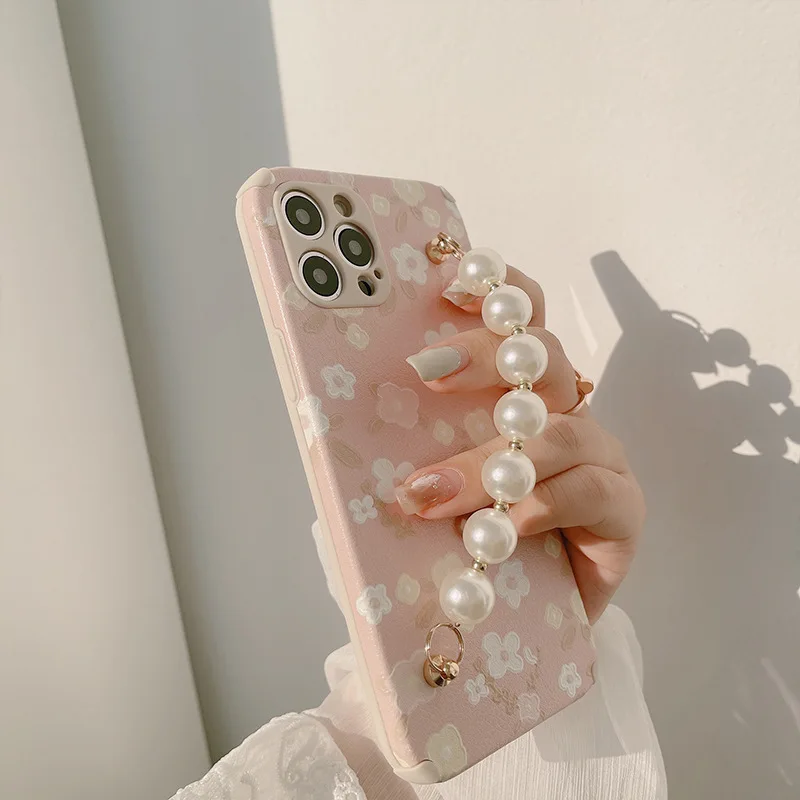 Art Pink Floral Flower Pearl Bracelet Phone Case For iPhone 12 Mini 11 Pro Max X Xs Max Xr 7 8 Puls SE Cases Soft Leather Cover